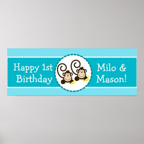 TWIN Silly Monkeys Personalized Birthday Banner Poster