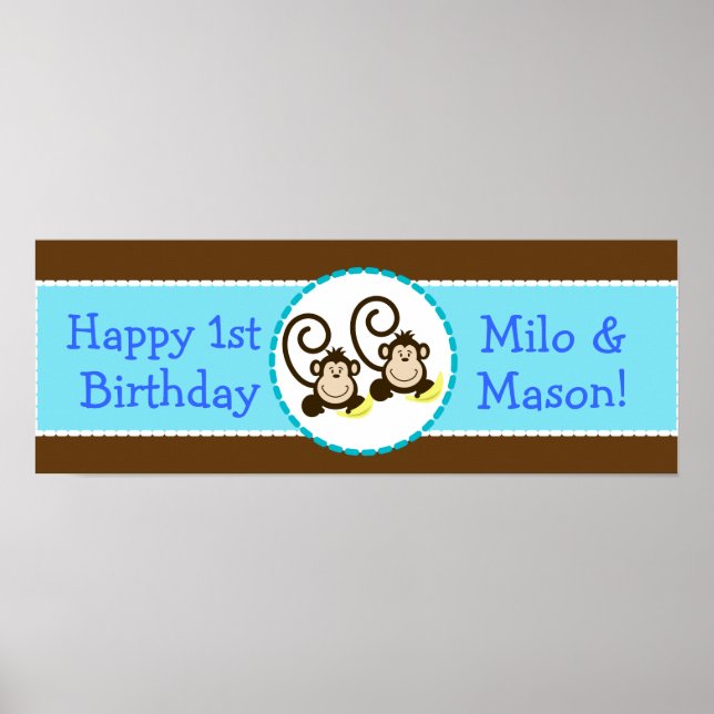 TWIN Silly Monkeys Personalized Birthday Banner Poster (Front)