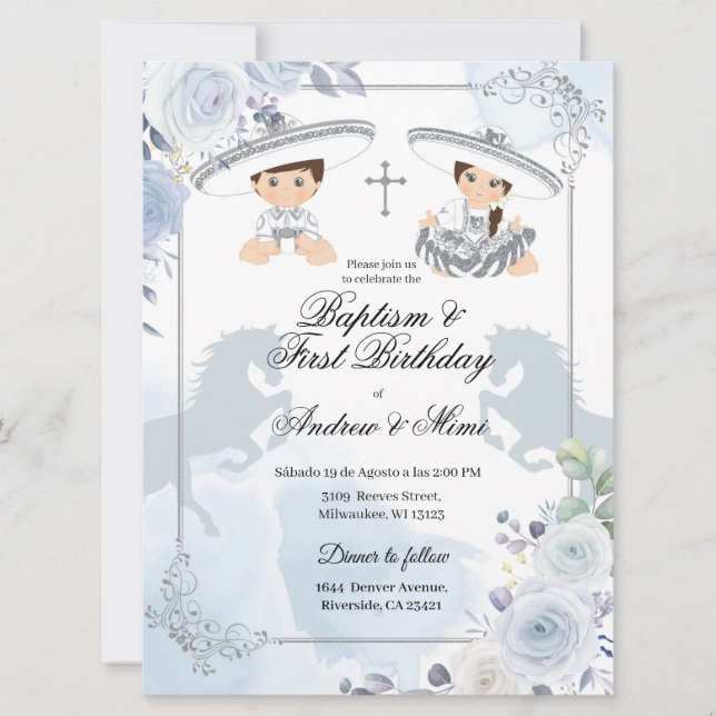 Twin Silver Baptism and Birthday Mexican Invitation (Front)