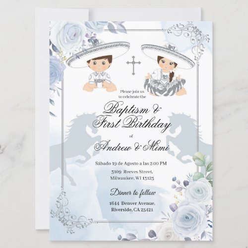 Twin Silver Baptism and Birthday Mexican Invitation