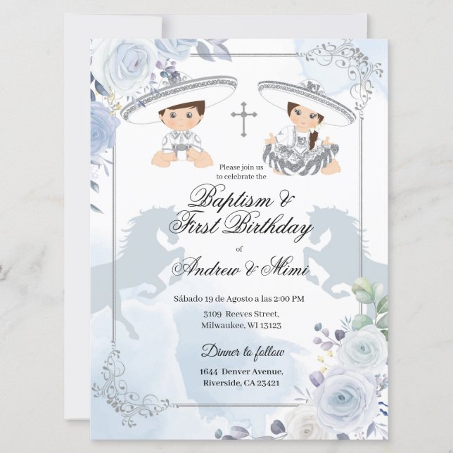 Twin Silver Baptism and Birthday Mexican Invitation (Front)