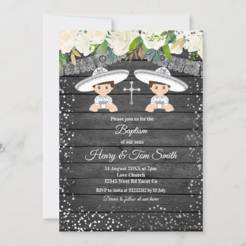 Twin Silver Glitter Fiesta Boy Baptism Invitation