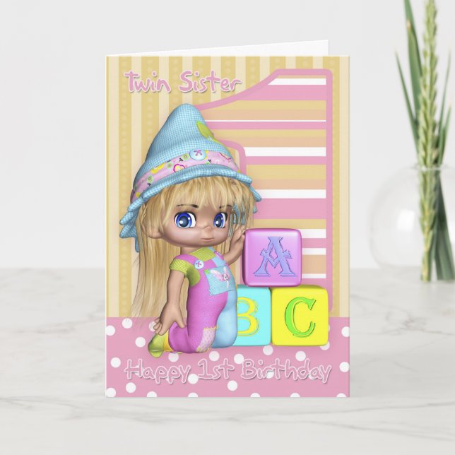 Twin Sister 1st Birthday Card With Cute Girl (Front)
