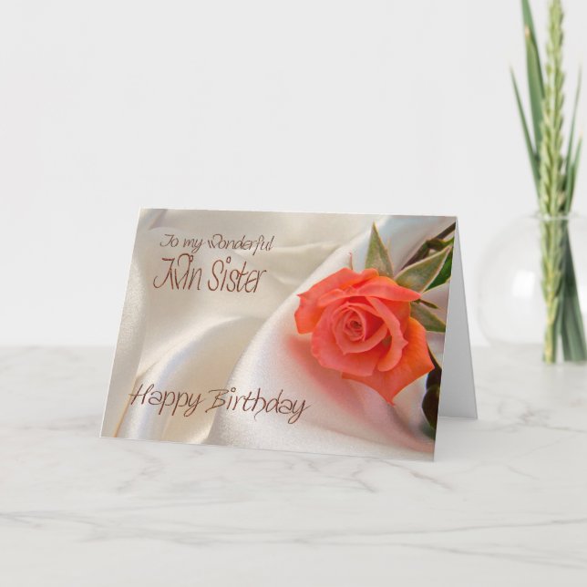 Twin sister, a birthday card with a pink rose (Front)