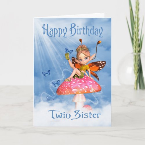 Twin Sister Birthday Card _ Cute Fairy On A Mushro