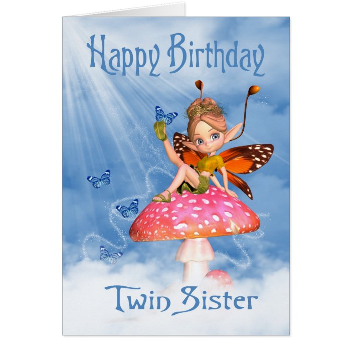Twin Sister Birthday Card   Cute Fairy On A Mushro