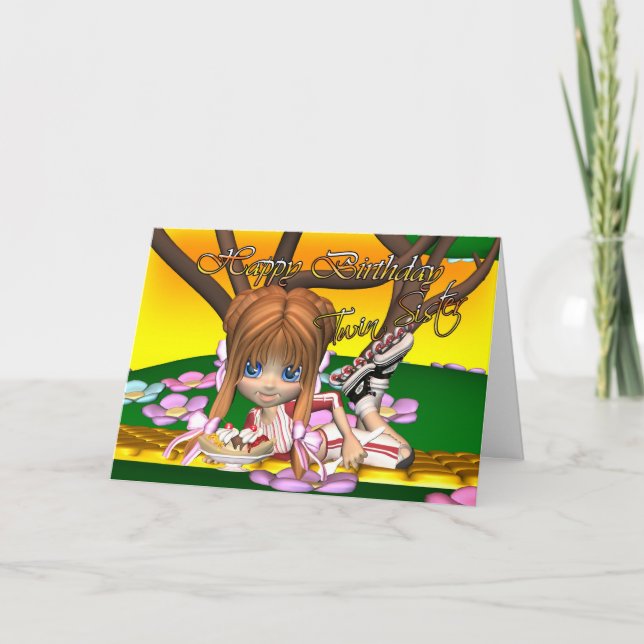 Twin Sister Birthday card with cutie pie by Moonla (Front)