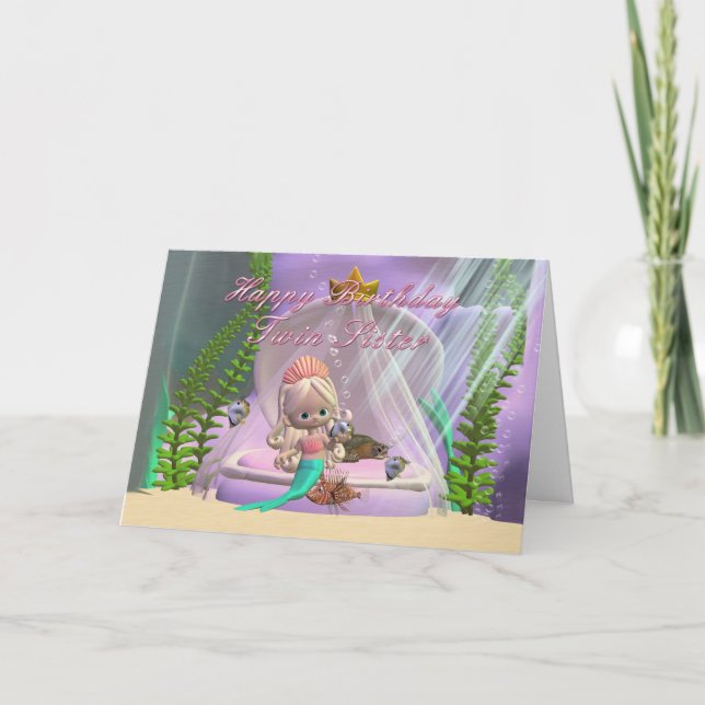 Twin Sister Birthday card with little mermaid and (Front)