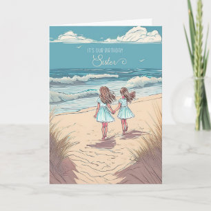 Twin Sister Birthday Little Girls on the Beach Card