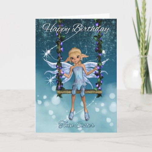 Twin Sister Happy Birthday cute fairy on swing Card