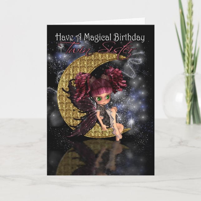 Twin Sister Magical Birthday cute little moon fair Card (Front)