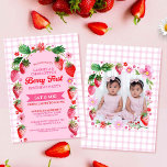 Twin Sisters Joint Berry First Birthday Photo  Invitation<br><div class="desc">This strawberry design is ideal for baby girl twin sisters for a joint Berry First birthday party. The front features a pink arch with red watercolor strawberries and blossoms on top of a pink gingham check design. On the back of the invitation is an adorable frame with stawberries and florals...</div>