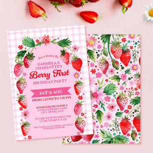 Twin Sisters Joint Strawberr Berry First Birthday Invitation