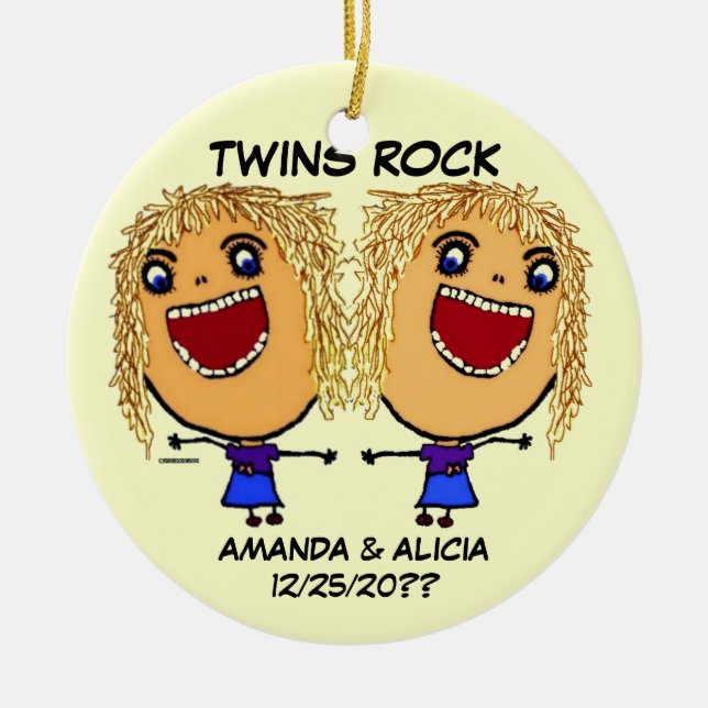 Twin Sisters Rock Cartoon Ceramic Ornament (Front)