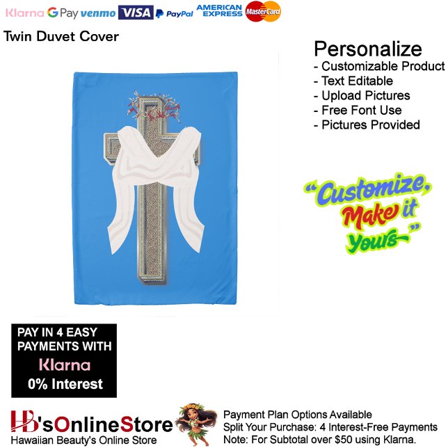 Twin Size Duvet Cover Blue Background (Cross with Bow Duvet Cover Featuring a Blue Background.)