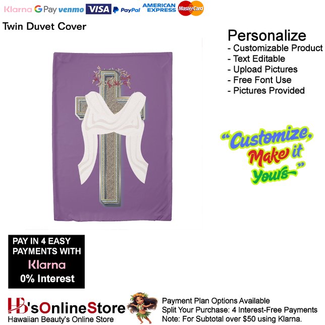 Twin Size Duvet Cover Purple Background (Cross with Bow Duvet Cover Featuring a Purple Background.)
