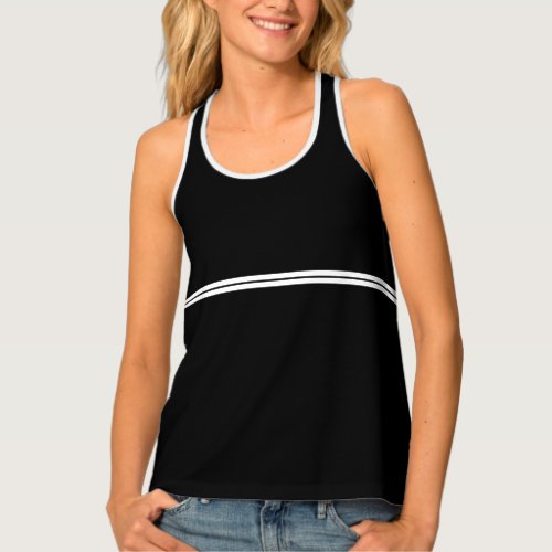 Twin Slim Horizontal White Racing Stripes On Black Tank Top