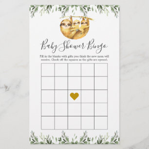 Twin Sloths Baby Shower Bingo Game