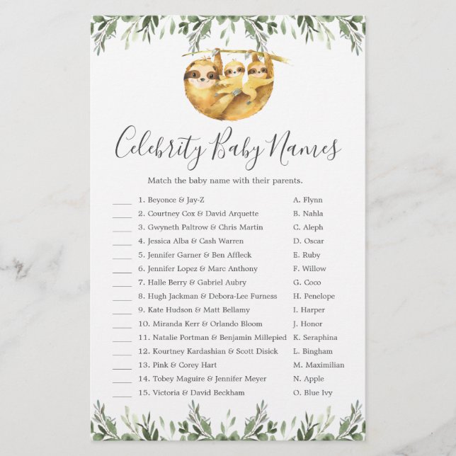 Twin Sloths Baby Shower Celebrity Baby Names Game (Front)