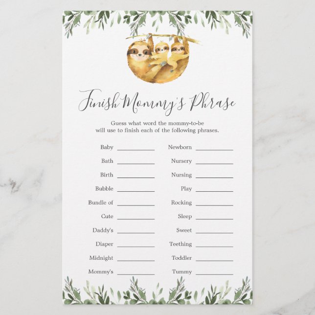 Twin Sloths Baby Shower Finish Mommy's Phrase Game (Front)