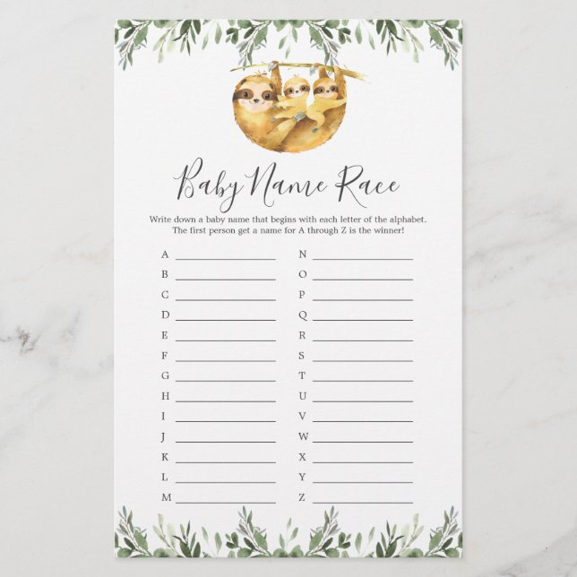 Twin Sloths Baby Shower Name Race Game (Front)