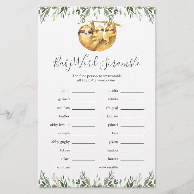 Twin Sloths Baby Shower Word Scramble Game (Front)