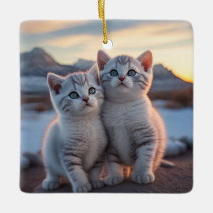 Twin Snowy Mountain Winter Kittens Ceramic Ornament