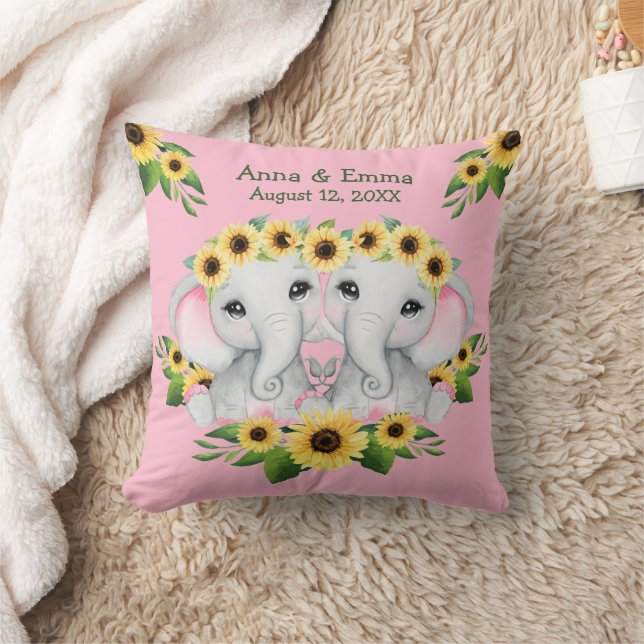 Twin Sunflower Baby Elephant Girls Throw Pillow (Blanket)