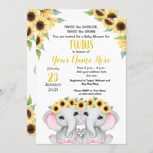 TWIN Sunflower Girls Elephant Yellow Pink Shower Invitation