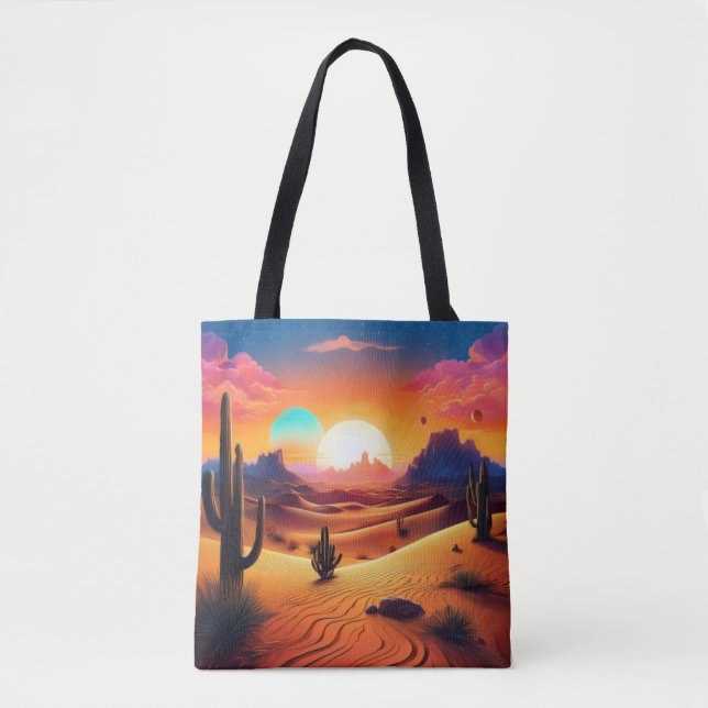 Twin Suns Desert Landscape – Celestial Cactus Hori Tote Bag (Front)
