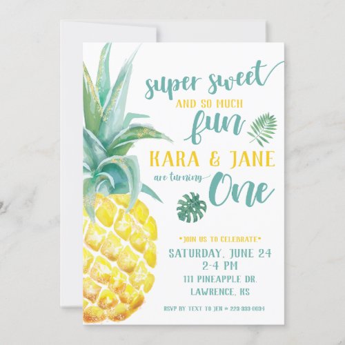 TWIN Super Sweet Pineapple First Birthday Invitation