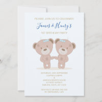 Twin Teddy Bear (Blue) Birthday Invitation