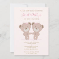 Twin Teddy Bear (Pink) Birthday Invitation