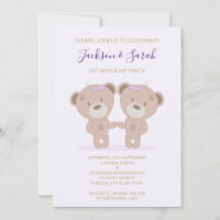 Twin Teddy Bear (Purple) Birthday Invitation