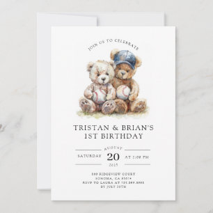 Twin Teddy Bear Watercolor Boy's 1st Birthday Invitation