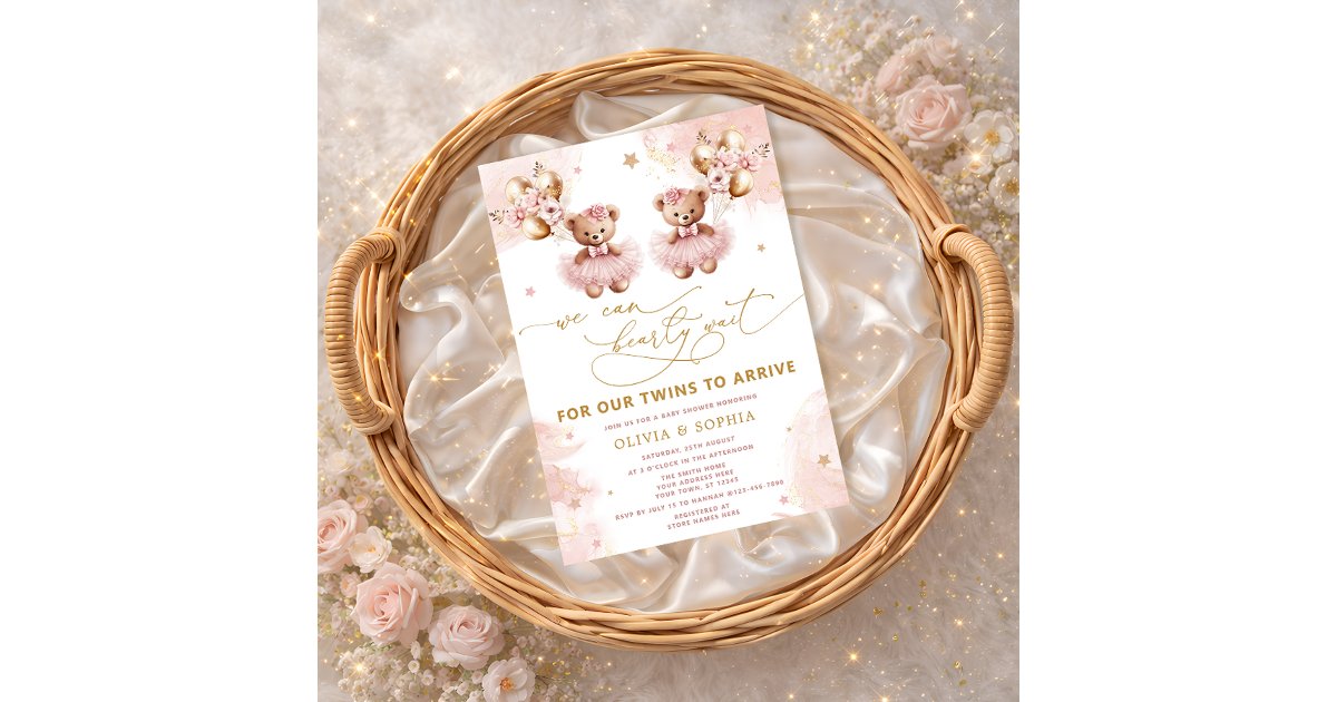 Twin Teddy Bear We Can Bearly Wait Baby Shower Invitation | Zazzle