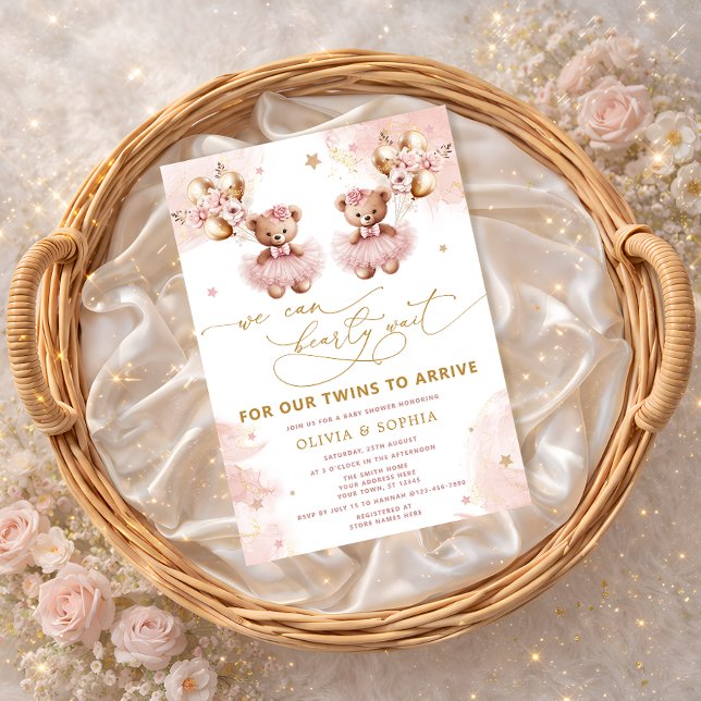 Twin Teddy Bear We Can Bearly Wait Baby Shower Invitation (Creator Uploaded)