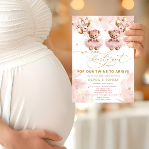Twin Teddy Bear We Can Bearly Wait Baby Shower Invitation