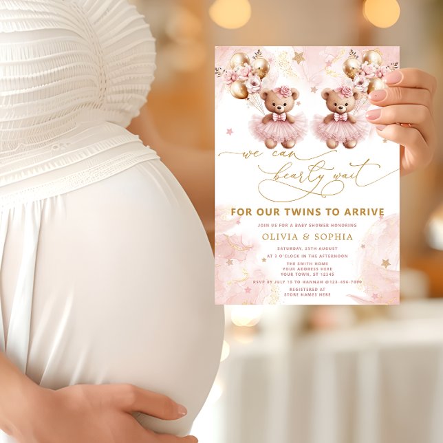 Twin Teddy Bear We Can Bearly Wait Baby Shower Invitation (Creator Uploaded)