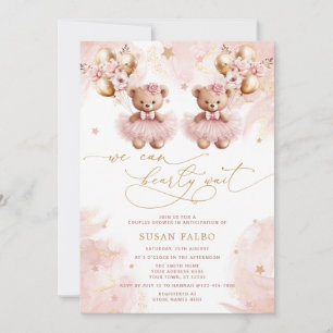 Twin Teddy Bear We Can Bearly Wait Baby Shower Invitation