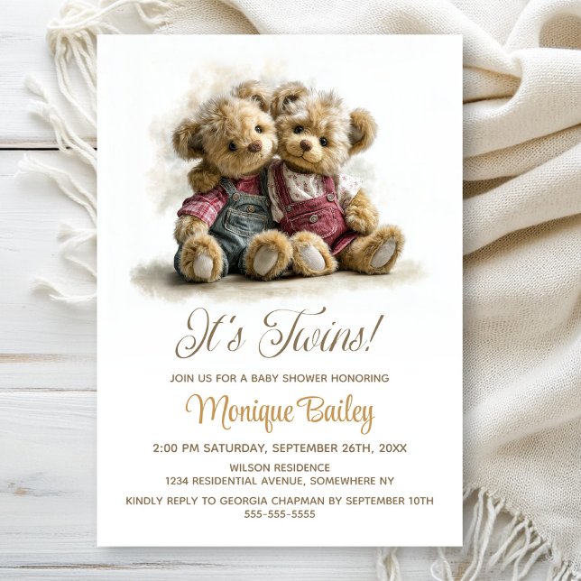 Twin Teddy Bears Baby Shower Invitation (Creator Uploaded)