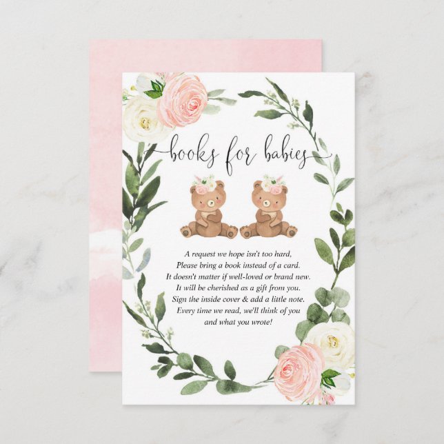  Twin teddy bears pink floral books babies girl Enclosure Card (Front/Back)