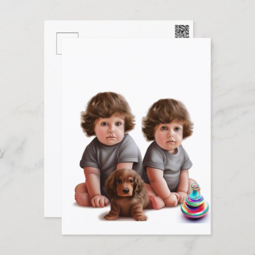 Twin toddler boys with pet Dachshund Postcard