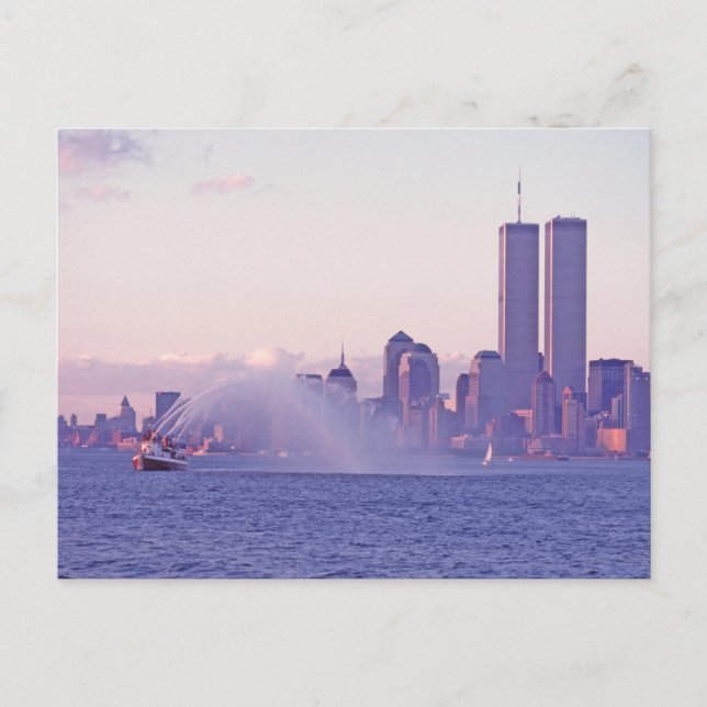 Twin Towers With Fireboat Sunset Water Display. Postcard (Front)