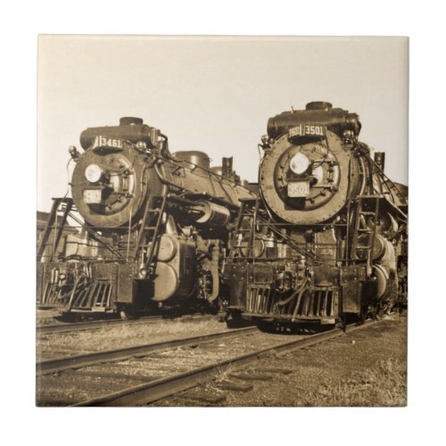 Twin Train Engines Vintage Locomotives Railroad Tile