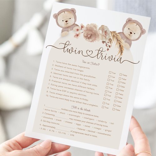 Twin Trivia Game Tan Boho Bear Baby Shower