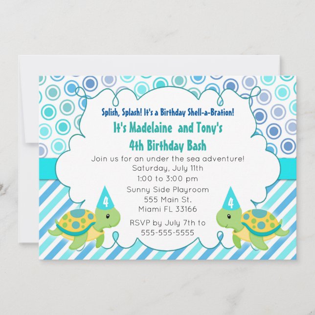 Twin Turtle Invitation Girl Boy Birthday Party (Front)