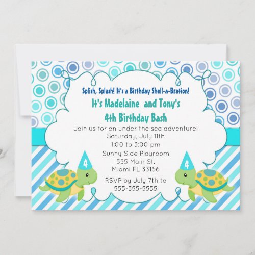 Twin Turtle Invitation Girl Boy Birthday Party