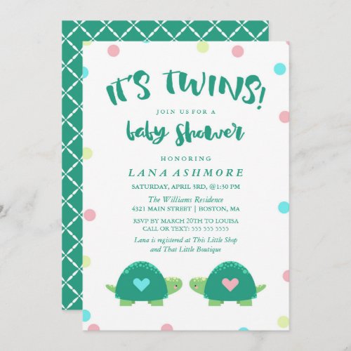 Twin Turtles  Blue Pink Twins Baby Shower Invitation