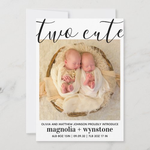 Twin Two Cute Photo Stats Birth Announcement
